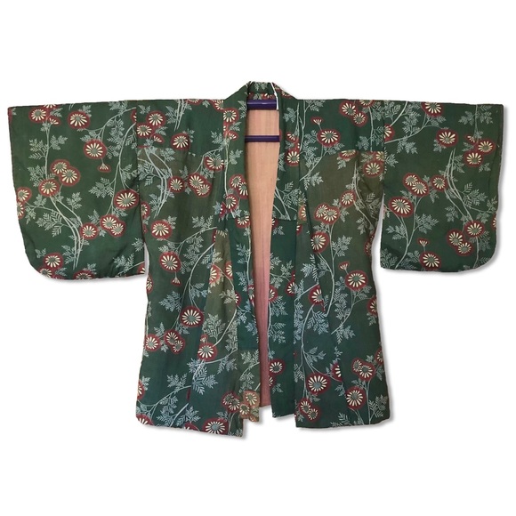 ❌SOLD Vintage Green Floral Cotton “Boro” Cropped Kimono Robe Jacket - Picture 2 of 13
